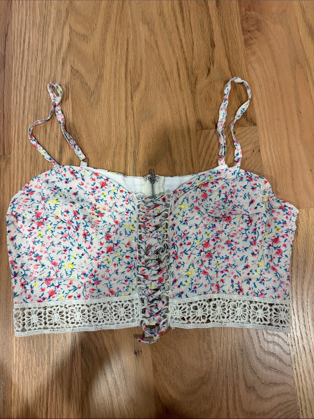 Lace-Up Floral Cropped Cami Top - White Floral